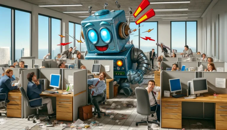 Gambar lucu robot atau AI mengambil alih kantor yang penuh dengan pekerja manusia.