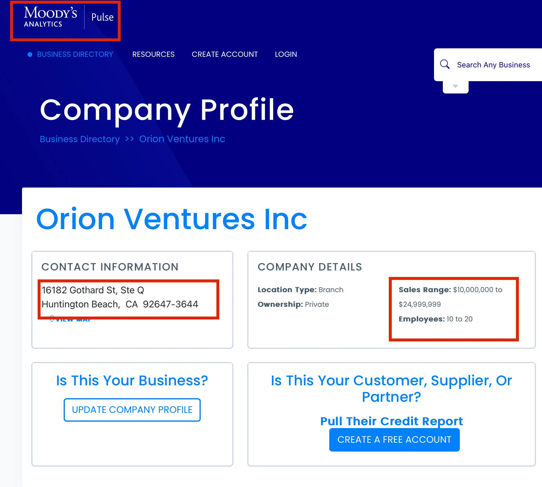 Moodys analytics profile on Orion Ventures LLC